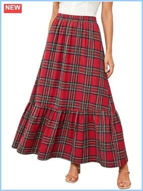 Plaid Ruffle Maxi Skirt High Waisted Tiered A-Line Long Skirt